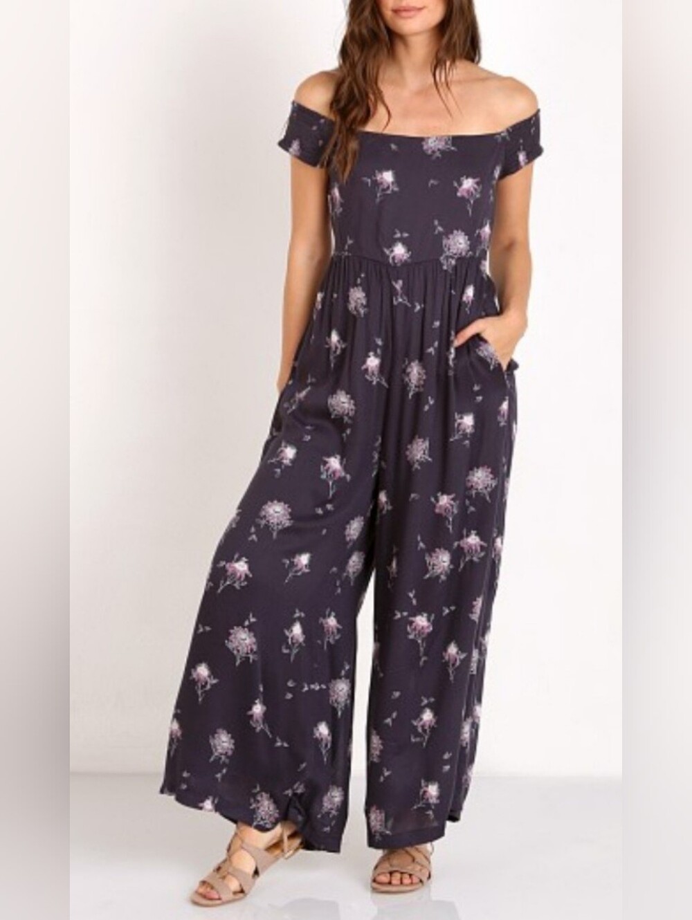 Free People ASTER Jumper Off-Shoulder Wide-Leg Romper in Navy. HIP POCKETS.